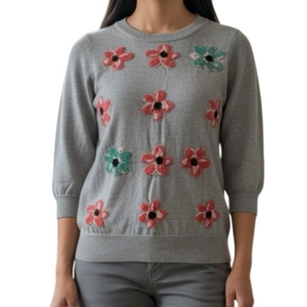 J. CREW 100% Merino Wool Tippi 3/4 Sleeve Crewneck Sweater Graphic Floral EUC XS